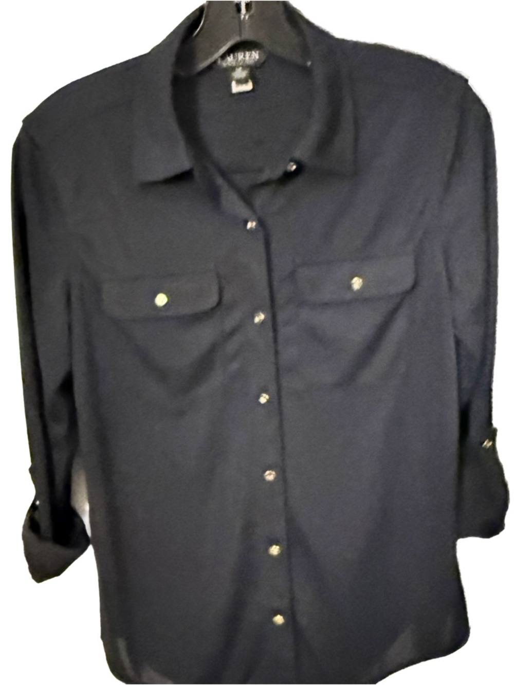 Lauren Ralph Lauren Jersey Button Down Shirt Navy Blue Pockets Sz S/P EUC